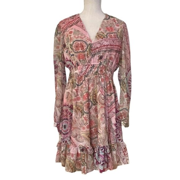 Guess Brigida Fit & Flare Pink Carousel Print Midi Dress Size L - Picture 2 of 8